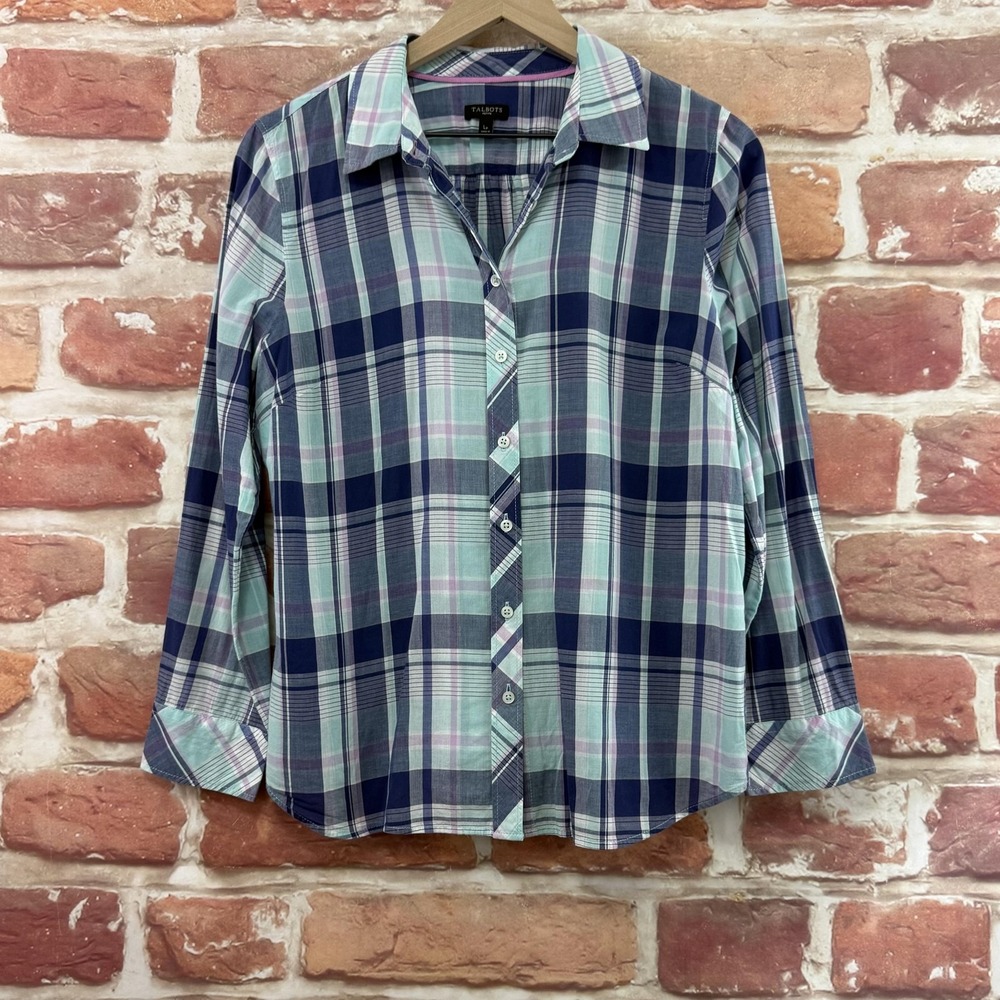 Talbots Top Women's Large Petite Blue Multicolor Plaid Casual Button Front Shirt